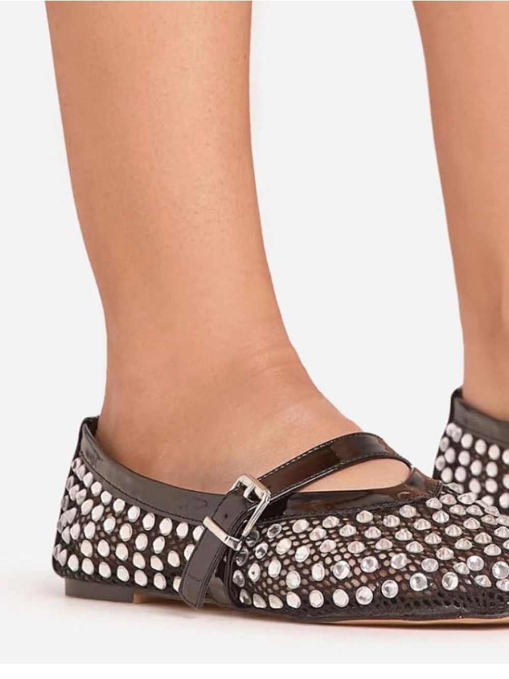 Black Crystal-Embellished Mary Jane Flats with Buckle Strap
